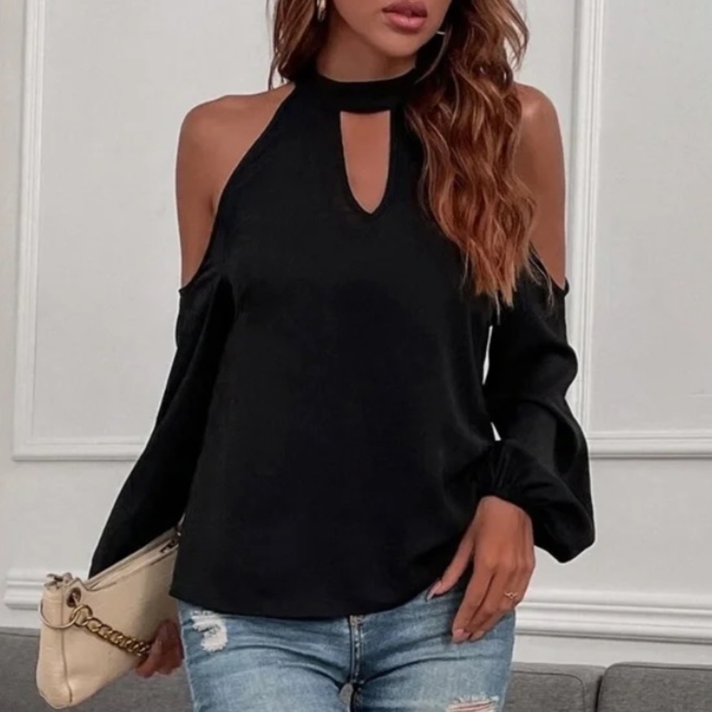 Boho black cold shoulder top